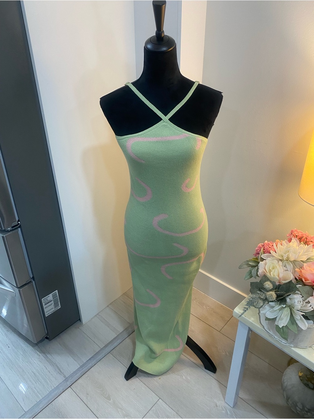 Say What? Light Green Maxi Dress with Pink Swirl Accents